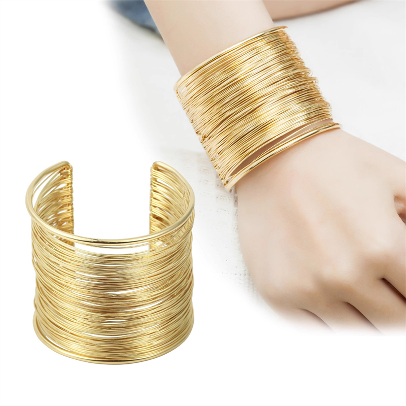 Exagerado multi-camadas abertas pulseiras cor de ouro metal hipérbole pulseira geométrica feminina pulseiras bijoux atacado