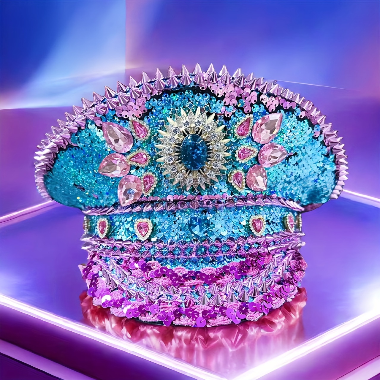 HongLuan Azul Steampunk Capitão Chapéu Strass para Mulher Festival Burningman, Boné Militar Rosa e Avaliação Militar para Mulher