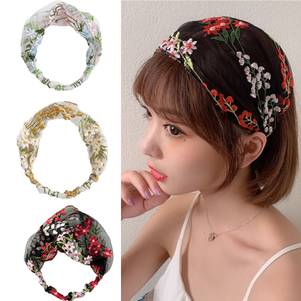 Semplice donna ricamo floreale pizzo viso lavaggio fascia per capelli accessori per capelli copricapo turbante fascia