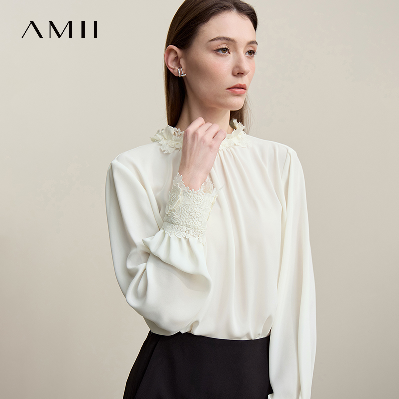 Amii Women's Blouse 2026 Autumn New Elegant Commuter Lace Splicing Chiffon Shirt O-Neck Loose Pullover Tops For Woman 12621067