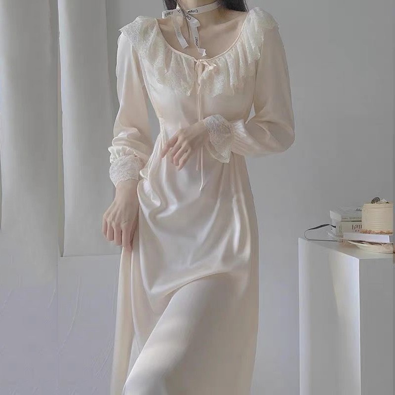 Camisón largo de satén fino para mujer, ropa de dormir Sexy y dulce, elegante, estilo Retro de palacio de hadas, vestido informal para el hogar