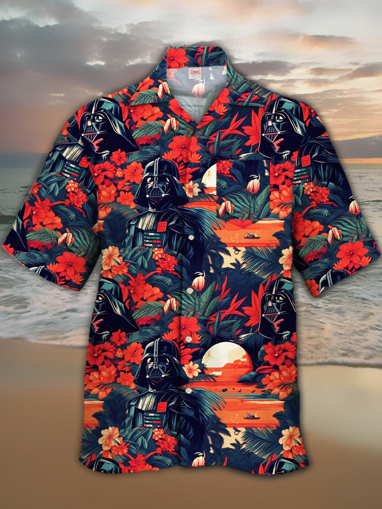 Camisa havaiana com estampa floral e ficção científica espacial de samurai, gola virada para baixo, manga curta, moda casual, Ukiyo-E, 2024
