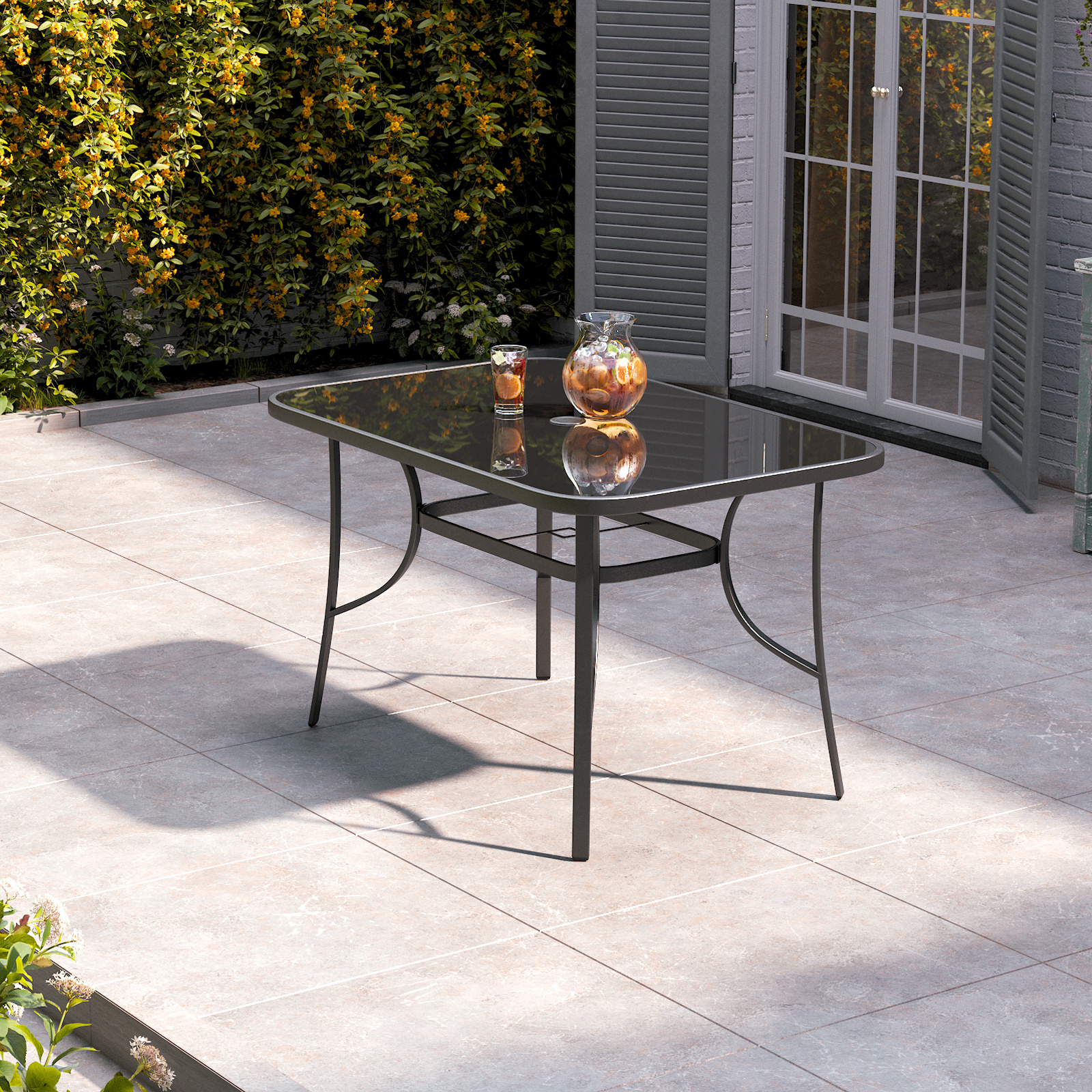 Tavolo da giardino in vetro metallico e temperato con foro per ombrellone all'aperto