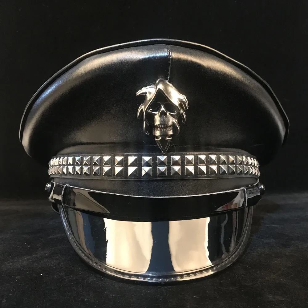 100% Lederen Duitse Officier Pet Militaire Hoed Cortical Militaire Hoed Politie Pet Cosplay Party Hoeden Halloween Hoed Maat M L XXL