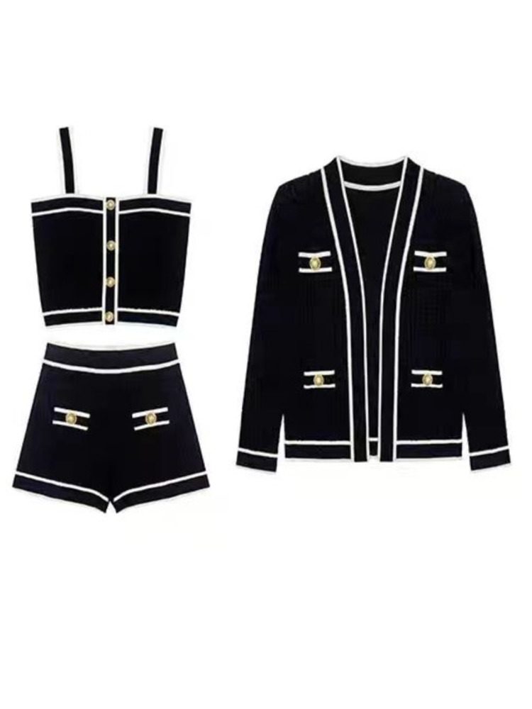 Nieuwe Vrouwen Kleding Set Elegante Gebreide Elastische Shorts + Enkele Breasted Vierkante Kraag Vest + Jas Vest Chic 3 stuk Sets