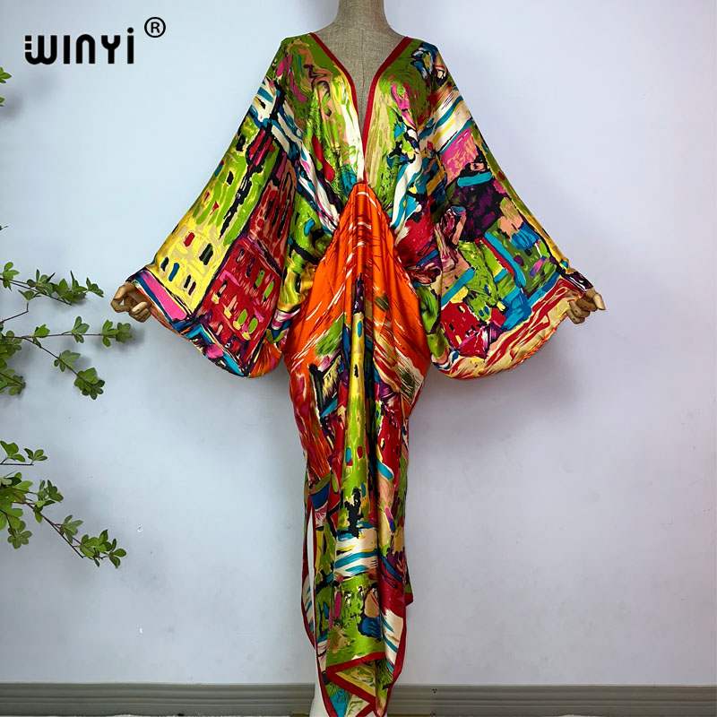 2023 Winyi Sexy Strand Van Hoge Kwaliteit Zijde Feel Fashion Print Maxi Damesgewaden Lange V-Hals Bohemian Jurk Feest Avondjurk