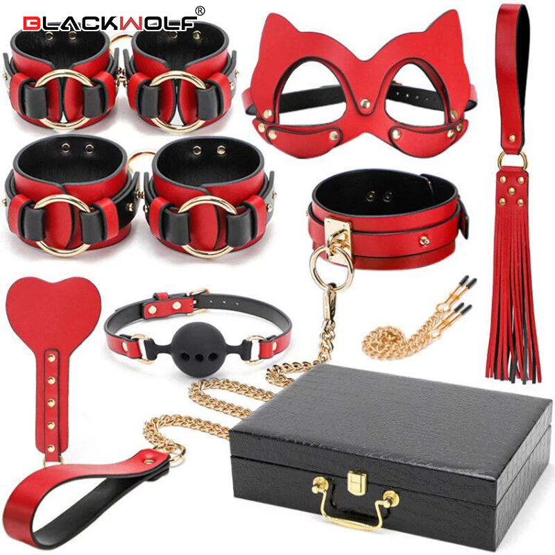 Kit BDSM BLACKWOLF Kulit Asli Set Perbudakan Borgol Jimat Kerah Gag Cambuk Mainan Seks Erotis untuk Wanita Pasangan Permainan Dewasa