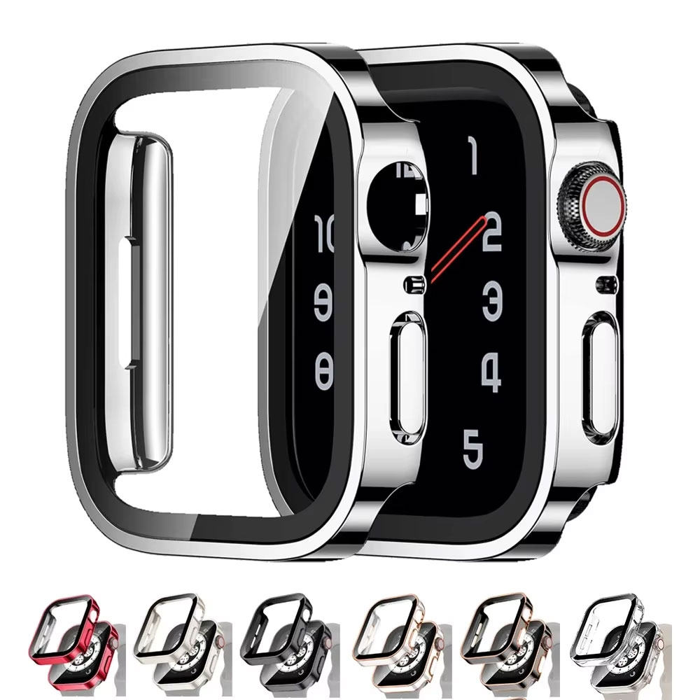 Vidro + capa para apple watch case 45mm 41mm 44mm 40mm acessórios protetor de tela temperado iwatch série 7 8 9 se 6 5 pára-choques