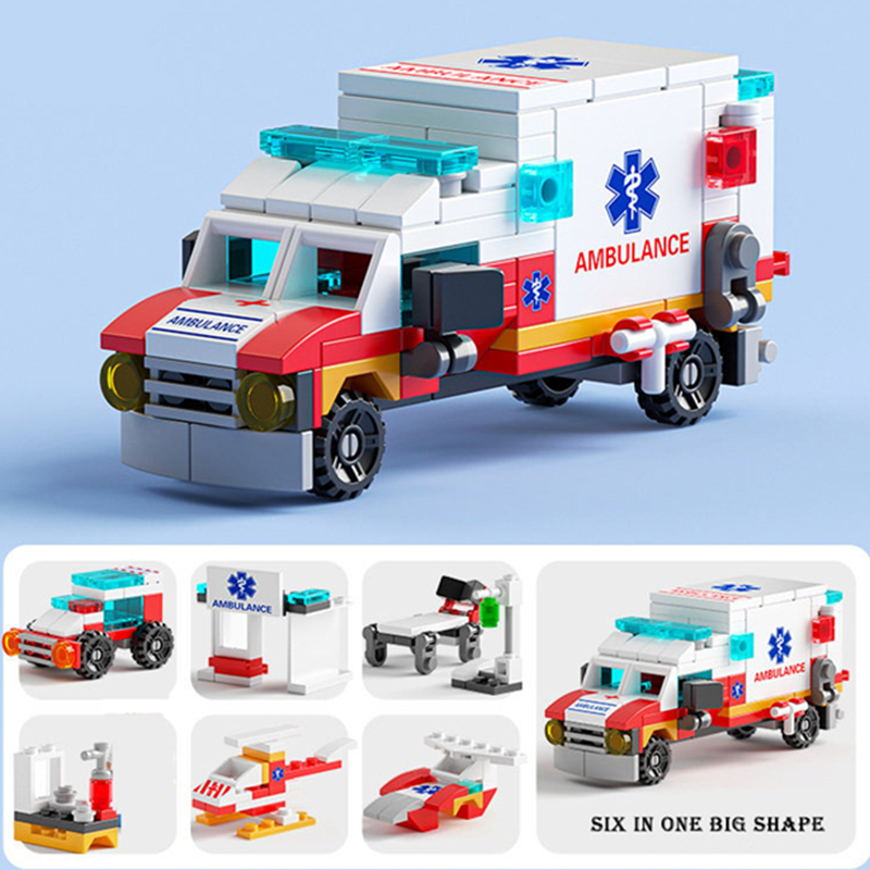 6 en 1 nueva ambulancia Escort coche helicóptero paramédico Doctor Mini camión cargador modelo clásico conjuntos de bloques de construcción ladrillos juguete ciudad