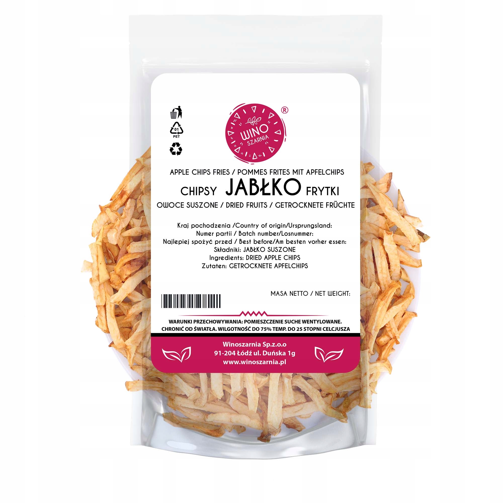 Chips de manzana, manzanas secas, 250 g, cortadas en rodajas con piel.
