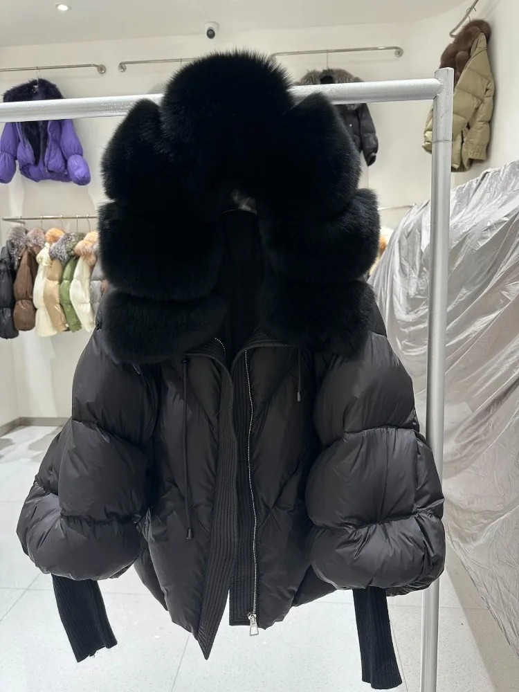 Para baixo casaco novo inverno grande pele real com capuz puffer jaqueta feminina grosso pele de raposa quente manga de malha pato branco para baixo jaqueta parka
