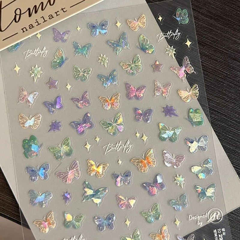 1 ensemble d'autocollants Laser en forme d'aile de papillon, autocollants avancés en relief pour Nail Art, autocollants colorés féeriques papillon