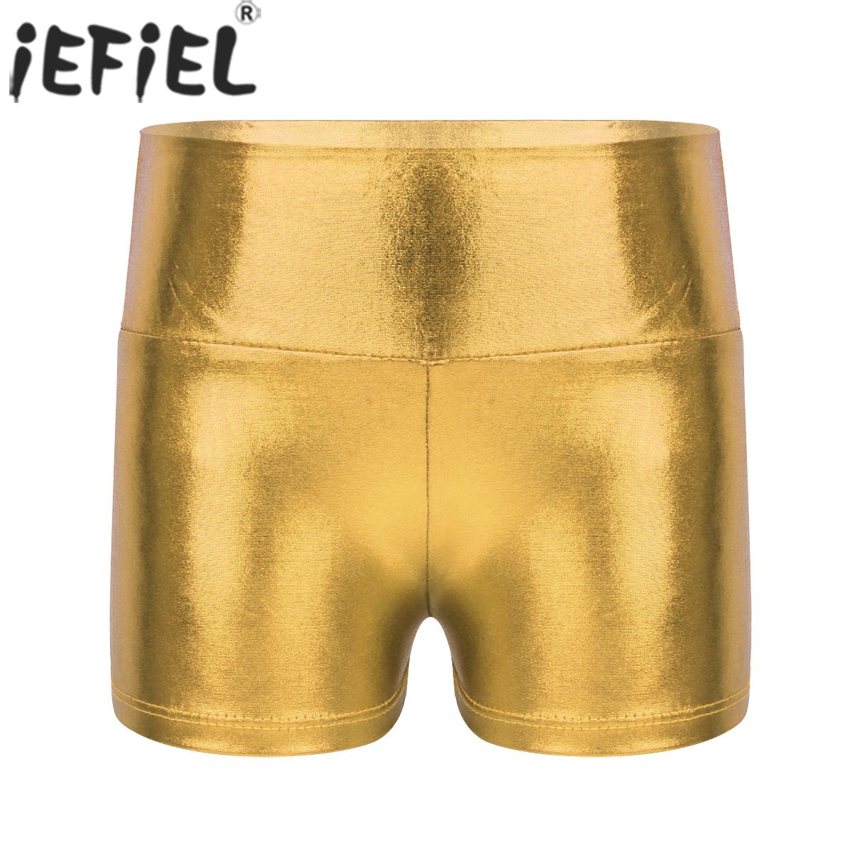 Kids Girls Metallic Shiny Ballet Dance Gymnastics Shorts Bottoms High Waist Fitness Workout Yoga Cheer Dancewear Activewear