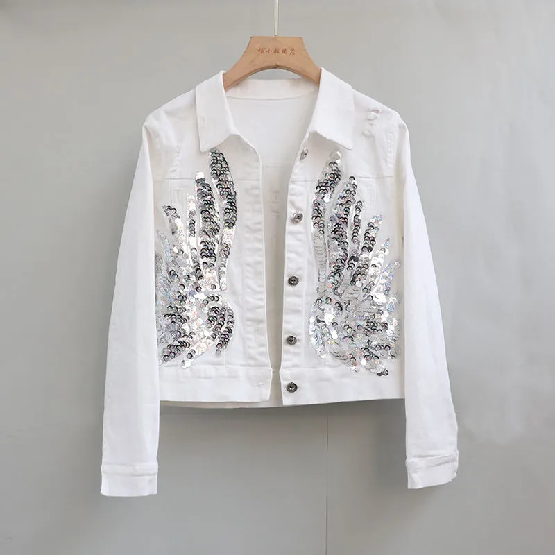 Koreanische elastische Jeansjacke für Damen – Frühjahr 2026 – Neue modische, schmale Jacke mit Pailletten-Stickerei und langen Ärmeln – Kurze Cowboy-Oberteile für Frauen