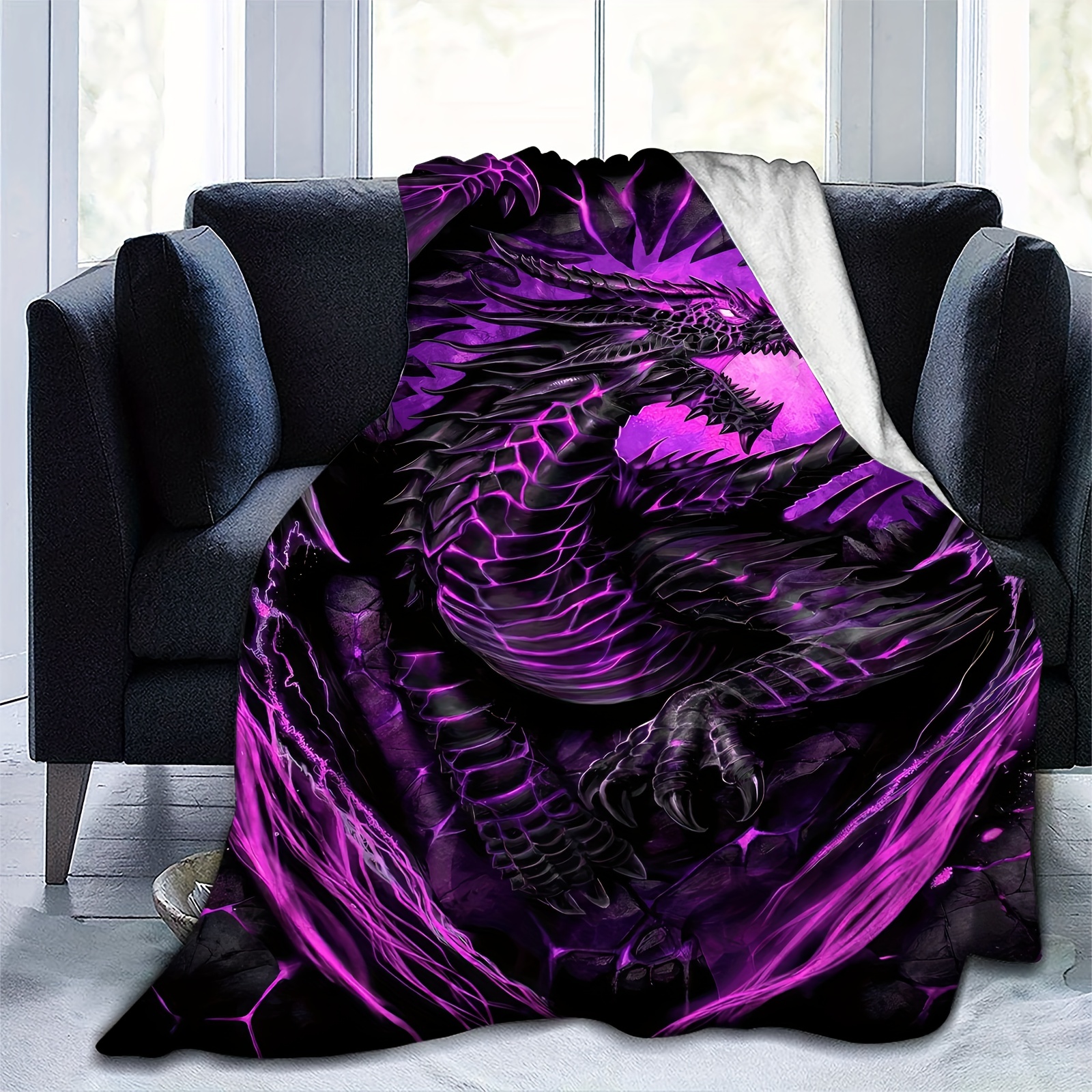 [Manta de regalo de franela con estampado de dragón] Manta de franela con estampado de dragón gótico de 1 pieza, manta cuadrada de regalo suave y cómoda, su