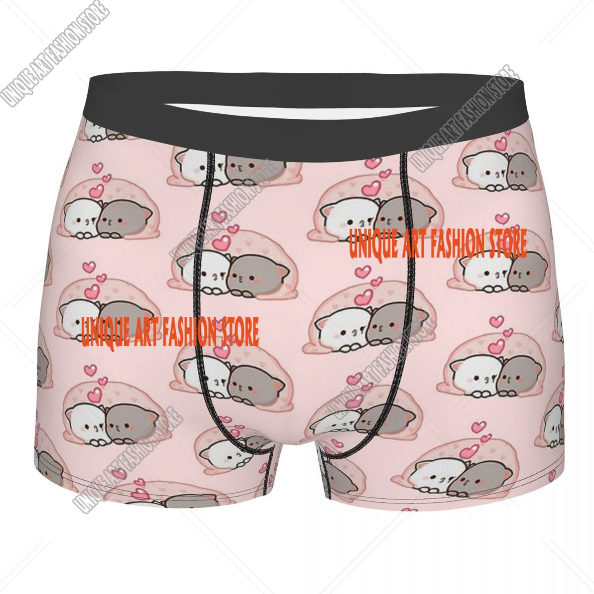 Celana dalam pendek Mochi, celana dalam Boxer, celana dalam motif kucing persik lucu untuk pria