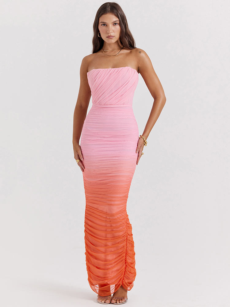 Mozision Gradient träger loses rücken freies sexy Maxi kleid für Damen Mode schulter freies ärmelloses, figur betontes, geteiltes, langes Kleid
