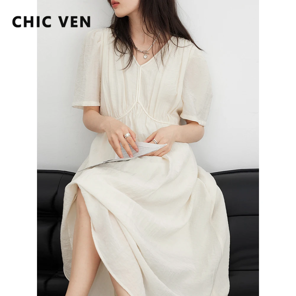 CHIC VEN Mode Vrouwen Jurken Vintage V-hals Bladerdeeg Mouw Lange Jurk Effen Wit Losse Vrouwelijke Kleding Zomer Nieuwe 2026