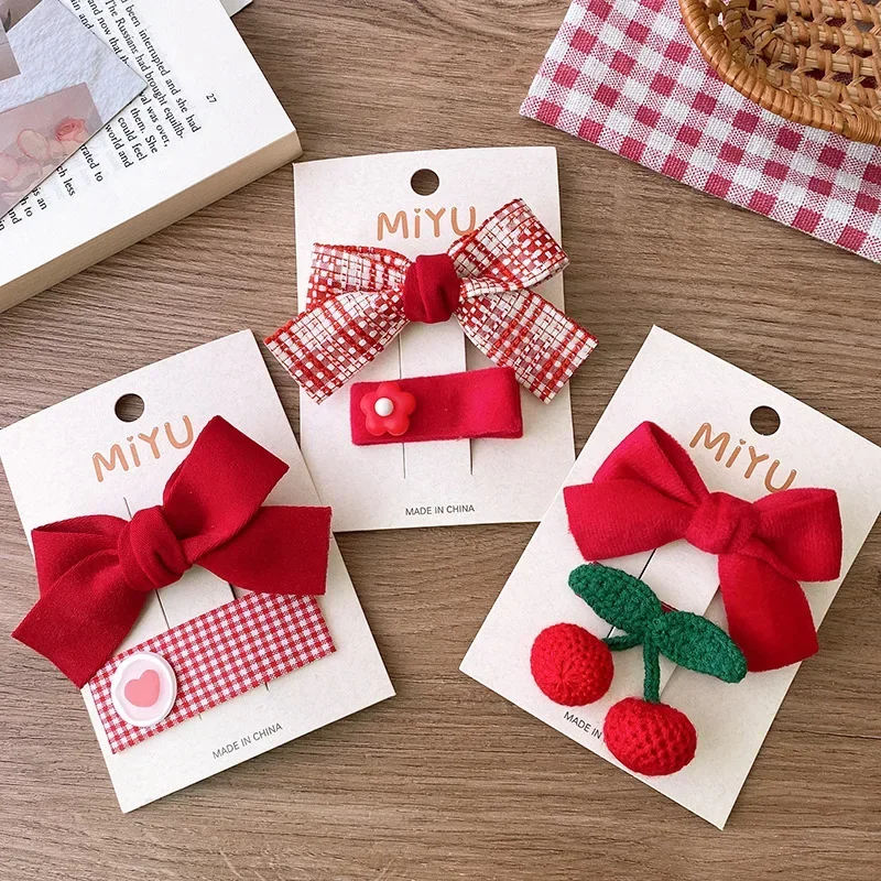 2pcs Red Color Baby Girl Hair Clip Christmas Series Bow Floral Children's BB Clip Sweet Hair Accessories