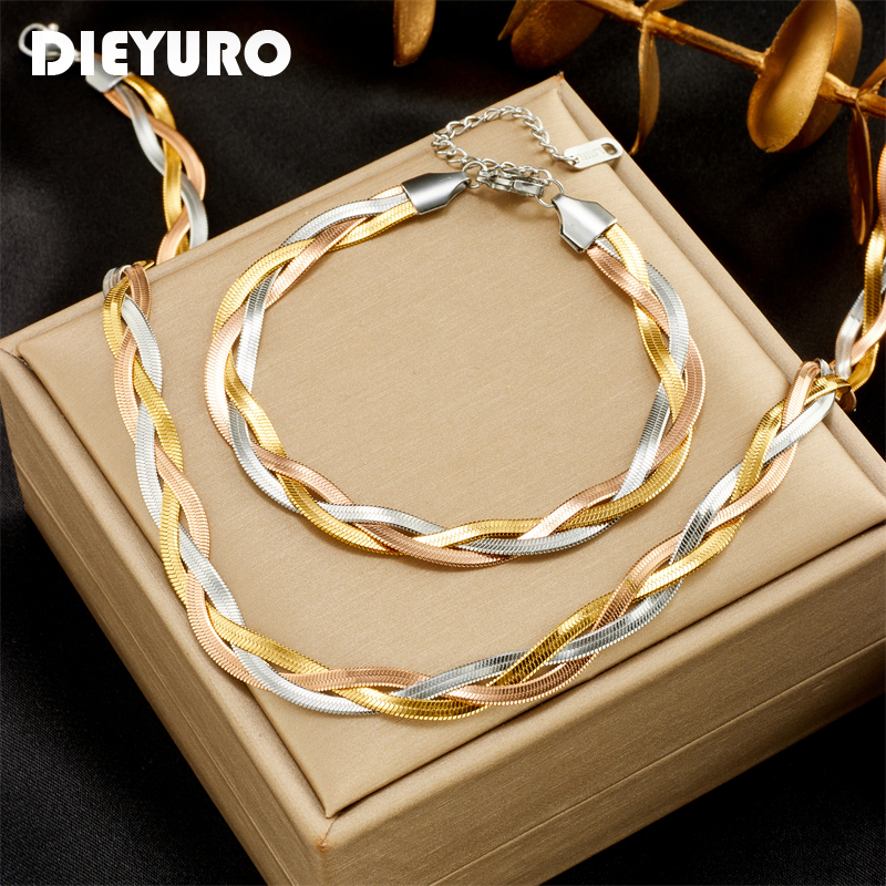 DIEYURO SION L-Ensemble de bijoux étanches en acier inoxydable pour femme et fille, collier croisé 3 en 1, bracelets de salle, nouvelle mode