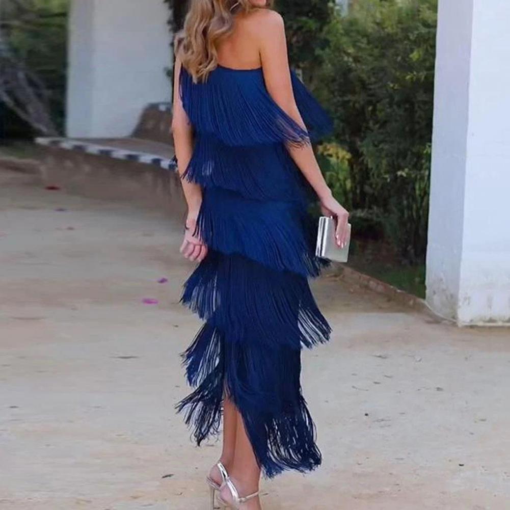 Damen-Abendkleid, geschichtet, mit Fransen, Quaste, eine Schulter, ärmellos, asymmetrisch, knöchellang, Cocktailparty, Abschlussball, Tanz, Maxikleid