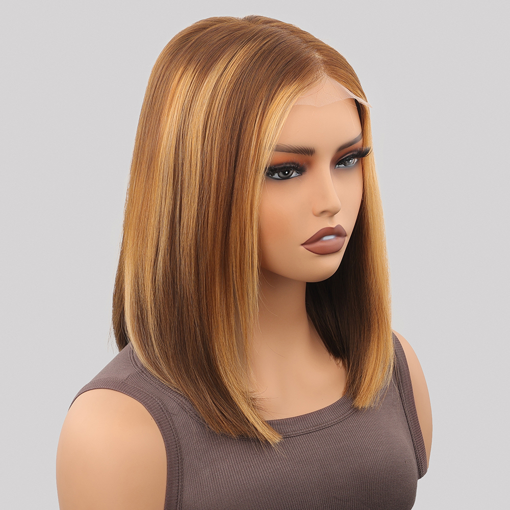 Parrucche Bob Corte Liscio Naturale 300% con Highlights 4/27, Parrucca Senza Colla 99J Bordeaux Pronta da Indossare, Parrucca con Chiusura in Pizzo Elastico 5x5