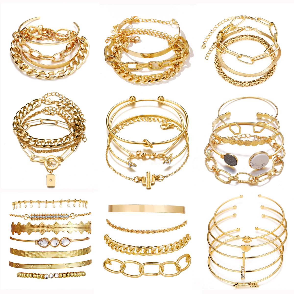 Boheemse Metalen Ketting Armband Set Voor Vrouwen Geometrische Gouden Kleur Dikke Ketting Open Armband Vrouwelijke Mode Sieraden