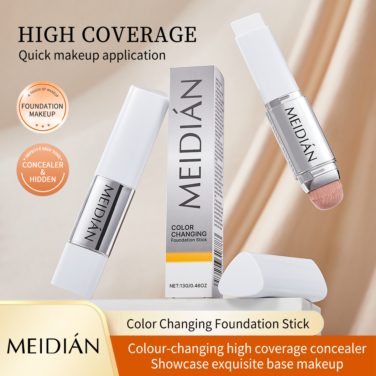 2-in-1 รองพื้นแบบแท่งพร้อมแปรงในตัว – เข้ากับสีผิว, เนื้อบางเบาและให้ความชุ่มชื้น, ผิวเปล่งประกายเป็นธรรมชาติ