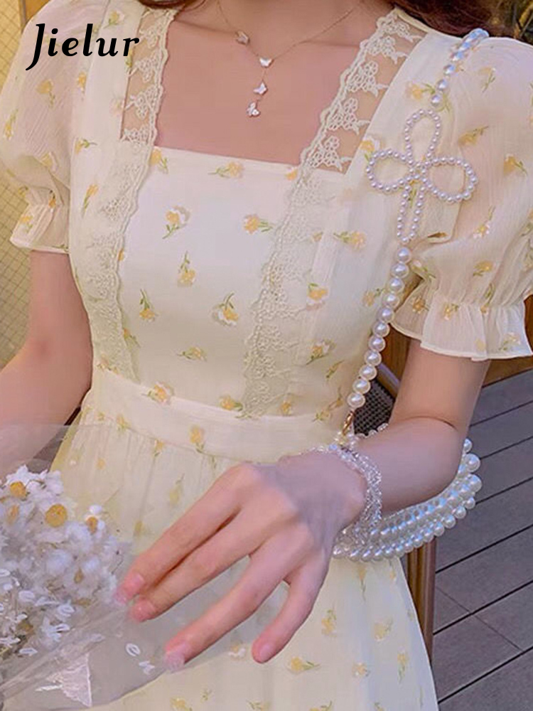 Jielur koreański moda kwiat Mini sukienki kobiety rozdymka rękaw elegancka sukienka na imprezę kobiece lato zasznurować słodka sukienka na co dzień