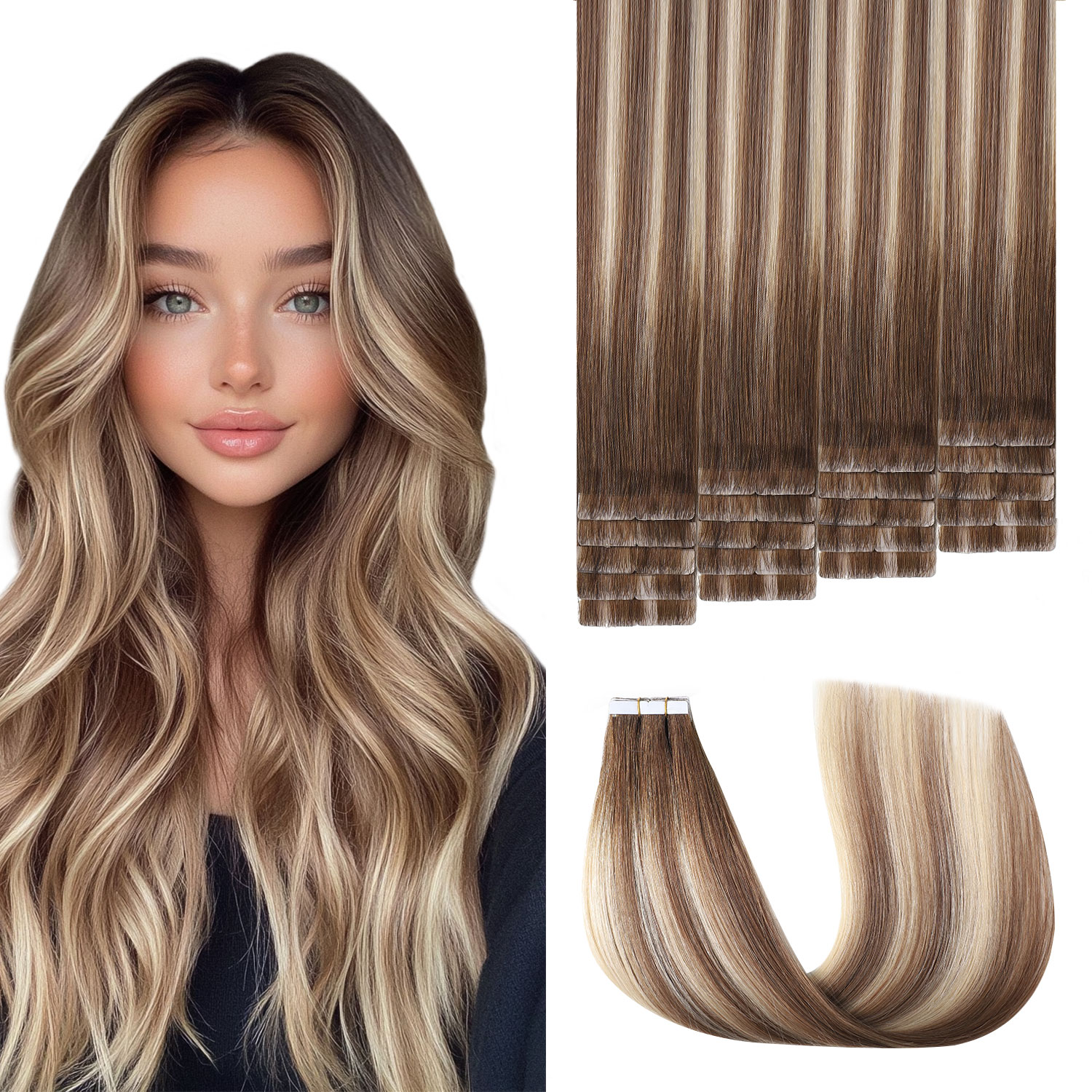 Extensões de Cabelo Invisíveis de 3ª Geração Sweetmet Echthaar Pro3.0 # Extensões de Cabelo Humano Remy 3/8/22 Castanho Nogueira até Castanho Cinza e Loiro Claro, com Fita Adesiva, 30g-50g, 35cm-55cm, Injetadas Sem Costura para Mulheres