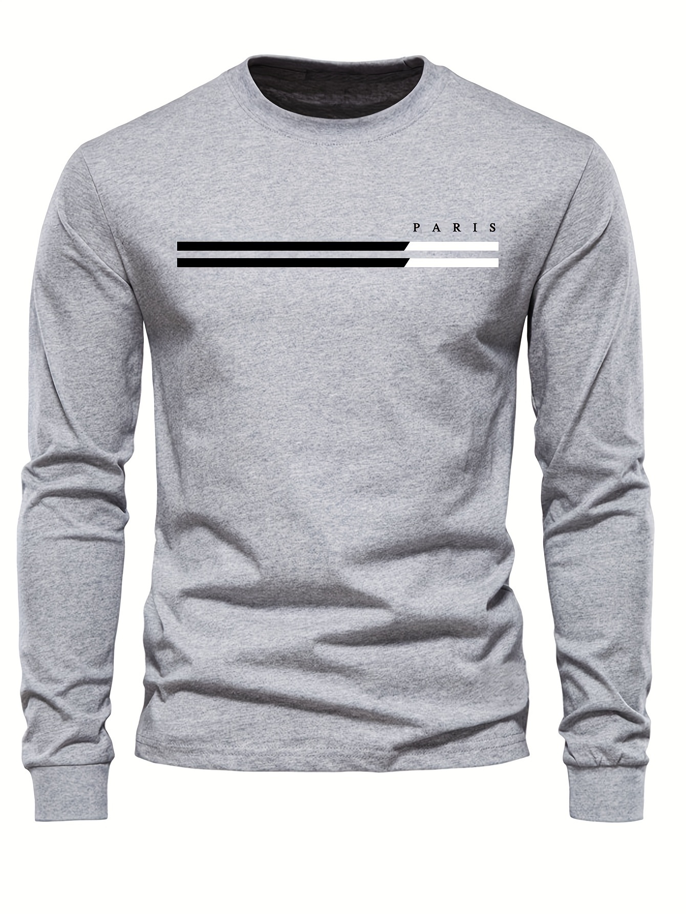 Men's 100% pure cotton summer loose comfortable casual  PARIS print large round neck long sleeve T-shirt top