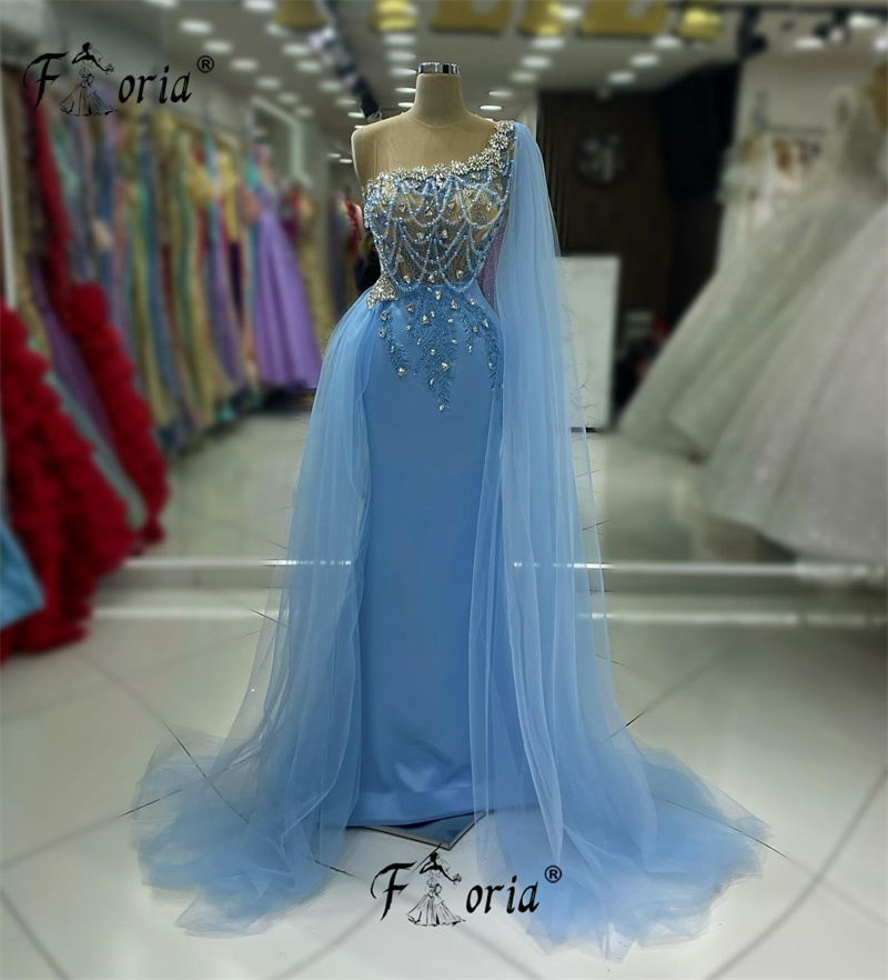 คําผู้หญิงสีฟ้าTulleอย่างเป็นทางการชุดกระโปรงVestidos FiestaลูกปัดคริสตัลMermaid Evening Party Dresses