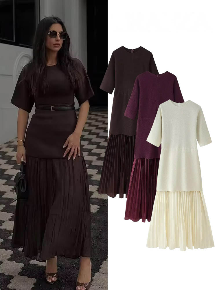 HH Vrouwen Elegante Halve Mouwen O-kraag Geplooide Jurk Lente Vrouw Achterrits Splitsen Vintage Casual Gebreide Lange Jurk