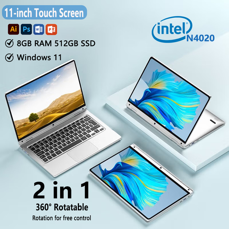 Mini computer portatile 2 in 1 con touchscreen da 11.6 pollici, Intel N4020, 8GB, 512GB, Windows 11 Pro, Office, tablet PC per studio e lavoro.
