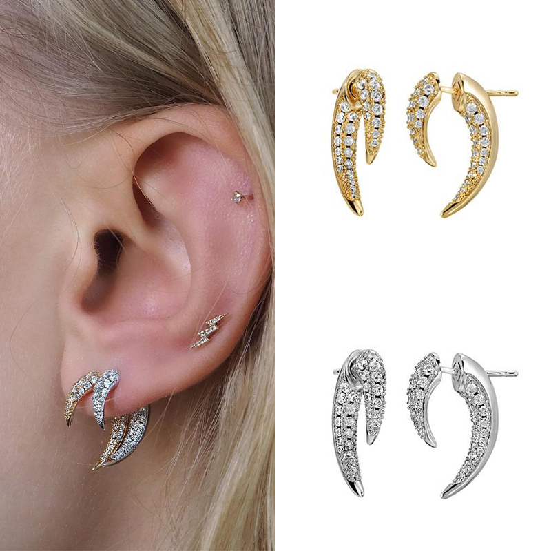 CRMYA Unieke Goud Zilver Kleuren Zirconia CZ Tusk Oor Jas Stud Oorbellen Voor Vrouwen Pave Dubbele Spike Oorbel Sieraden