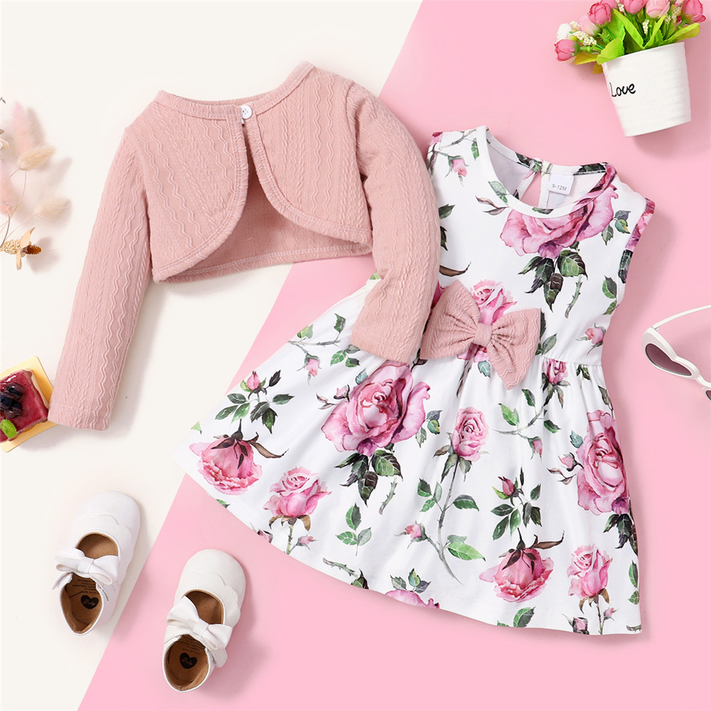 0-3 anni Toddler Baby Girl 2 pezzi Dress Set tinta unita soprabito a coste + abito floreale senza maniche Fashion Lovely Style Party Wear