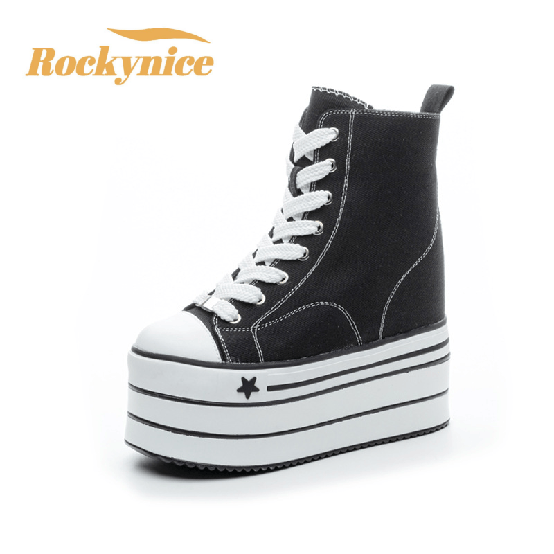 16CM High Heels Frauen Neue Herbst Winter Plattform Leder Leinwand Stiefeletten Dicken Boden Chunky Turnschuhe Motorrad Stiefel Frau