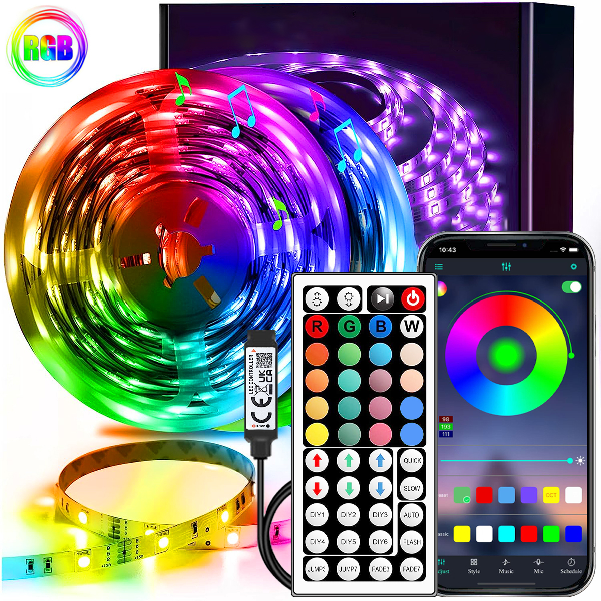 RGB-LED-Streifenlicht 1–40 m mit Musiksynchronisierung, 44-Tasten-Fernbedienung und APP-Steuerung, 5 V USB-Flexibles Klebeband für Heim-TV-Hintergrundbeleuchtungsdekoration