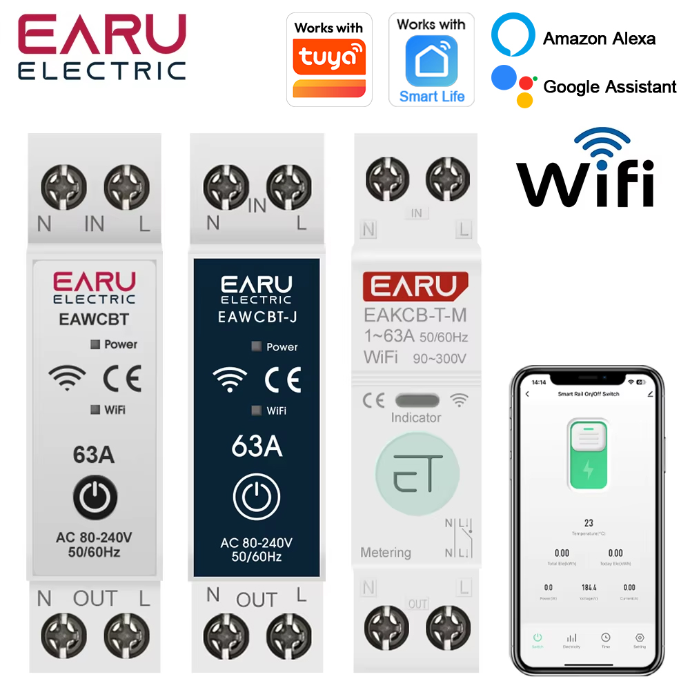 Tuya WiFi スマートサーキットブレーカー MCB 1P + N 63A タイマー電力エネルギー kWh 電圧電流計プロテクター音声リモコンスイッチ