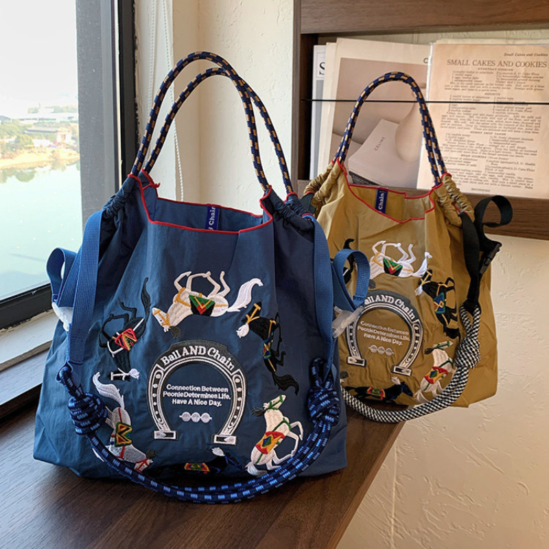 Сумка-шоппер Wanli Horse Embroidery в японском стиле, большая вместительная сумка через плечо, нейлоновая сумка-тоут, женская сумка для поездок на работу, модная.
