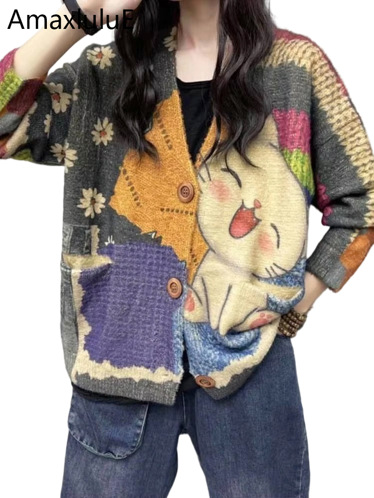 Amax LuluE 2024ฤดูหนาวสุภาพสตรีHarajukuการ์ตูนเสื้อถักสตรีแฟชั่นพิมพ์Patchworkเสื้อกันหนาวหลวมPunk Cardigans