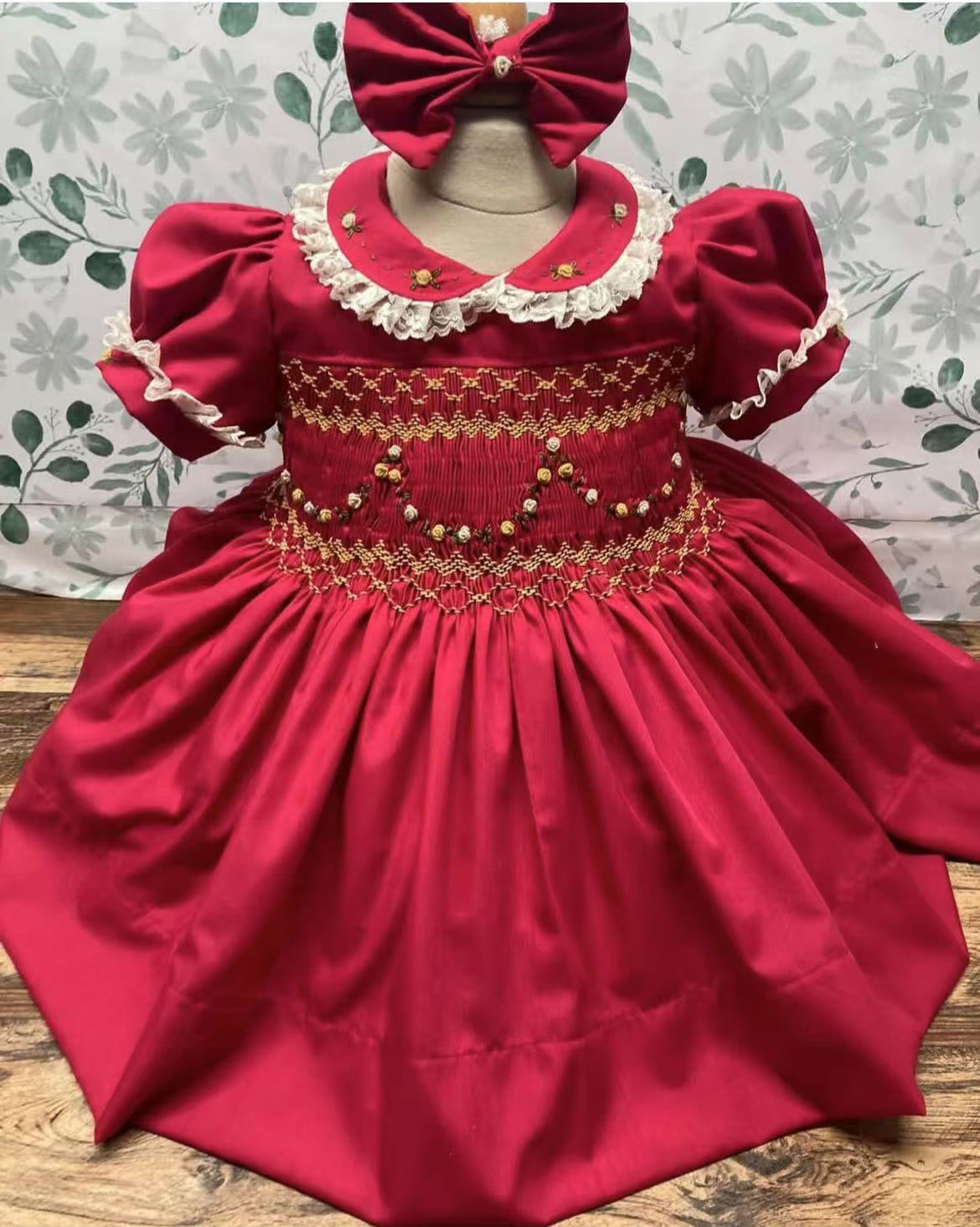 Baby Mädchen Sommer Rote Blume Handgemachte Stickerei Gesmoktes Kleid für Weihnachten Eid Geburtstag Party Urlaub Fotografie Casual A189