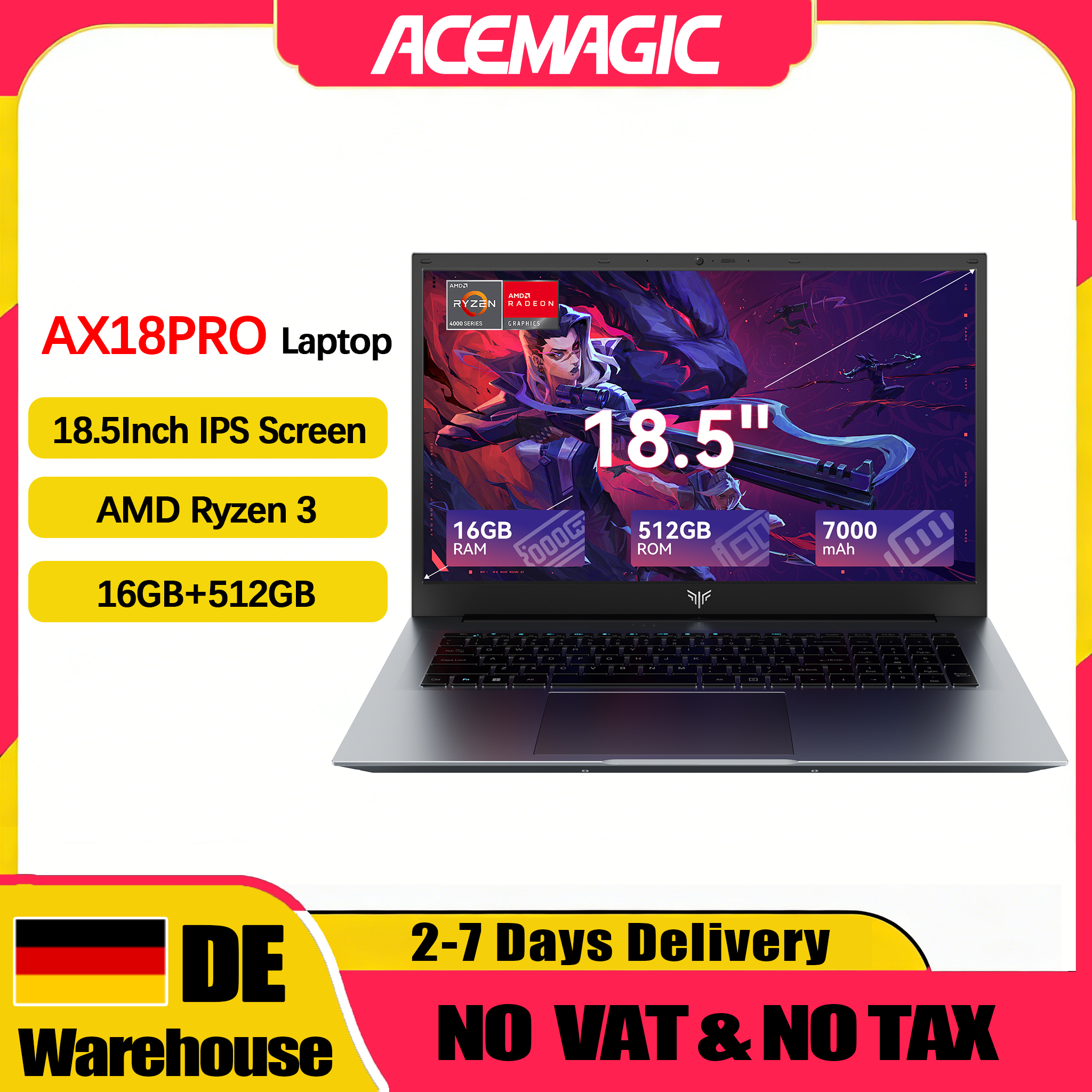 ACEMAGIC AX18PRO 18.5-calowy laptop Komputer z systemem Windows 11 PRO, bateria 7000 mAh, procesor AMD Ryzen 3 4300U, 16 GB pamięci RAM DDR4, 512 GB dysk SSD, Wifi5