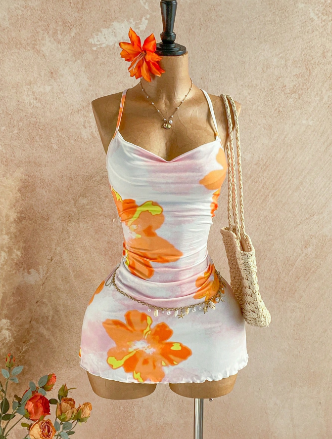 Vestido Mini Halter con Cuello Drapeado y Estampado Floral, con Volantes Laterales y Dobladillo con Volantes, para Mujer, Verano 2026, Estilo Tropical, Playa, Y2K, Fiesta, Bodycon