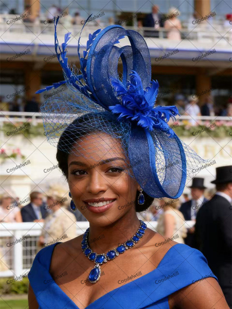 Royal Blue Mesh Hair Fascinator Hat Accessories Ladies Women Elegant Church Wedding Veil Race Headdress Bride Cocktail Pillbox