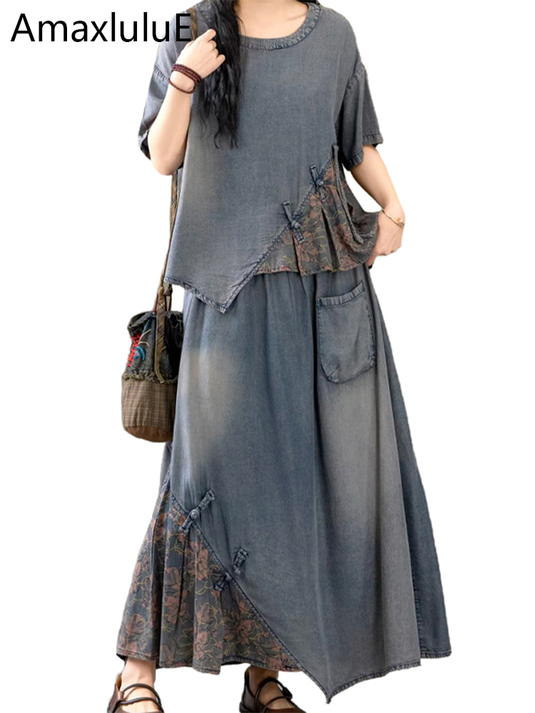 AmaxluluE 2025 costumes d'été femmes chinois 2 pièces ensembles décontracté imprimé Denim tenues de luxe Vintage hauts grande taille jupes élégantes