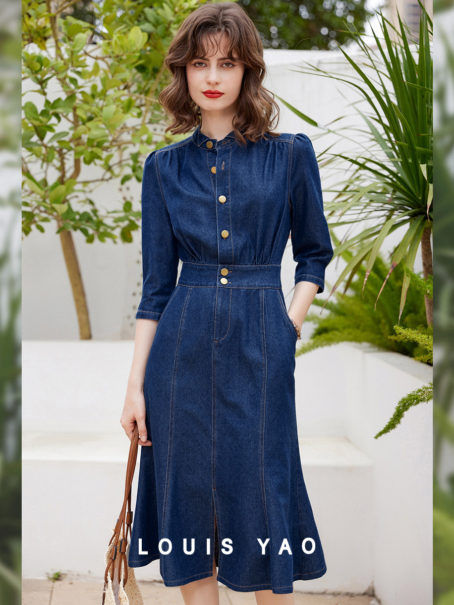 Louis Yao Frauen Jeans kleid Retro-Stil lässig 2024 Frühling Rundhals ausschnitt Dreiviertel ärmel Slim Fit A-Linie Fischschwanz Kleid