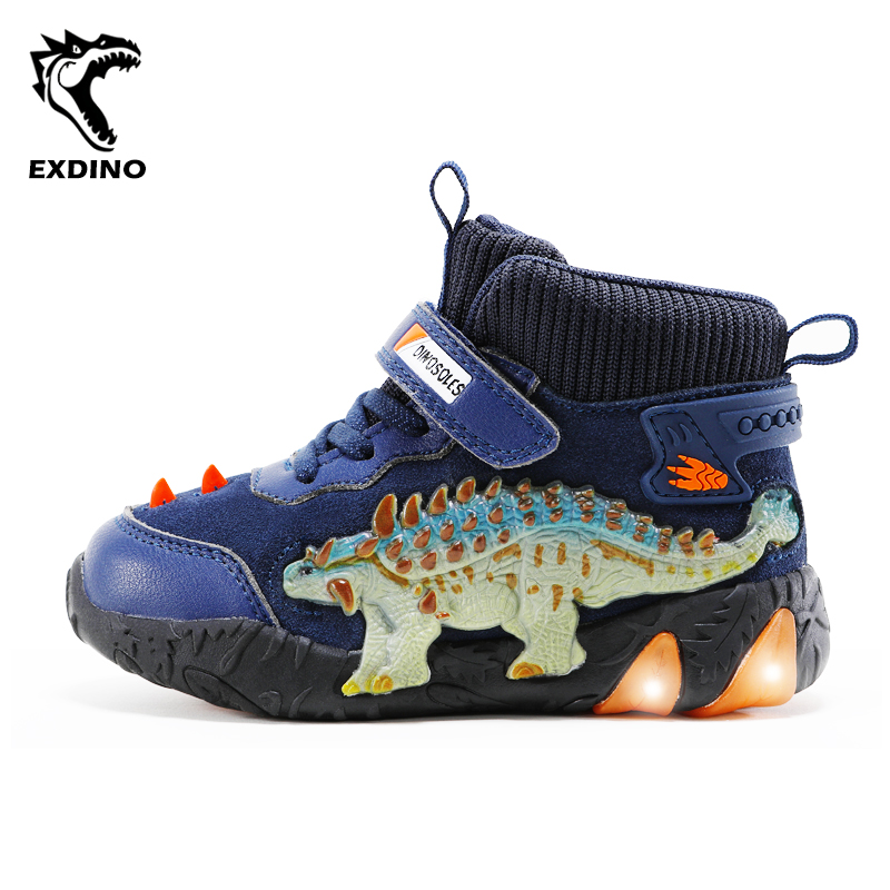 Chaussures Flash dinosaure pour enfants, baskets lumineuses décontractées en cuir véritable pour petits enfants, nouvelle collection automne hiver
