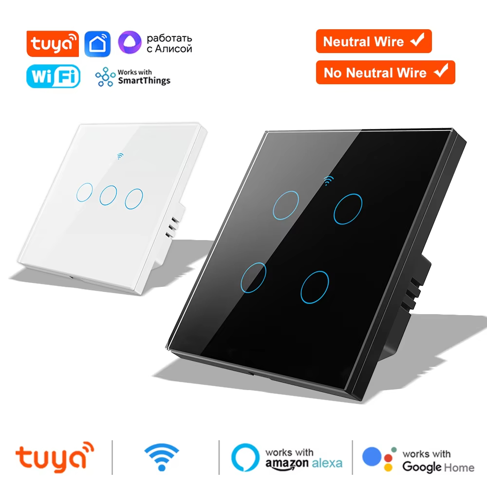 1 2 3 4 Gang WiFi/ZIGBEE RF 433mhz Smart Wireless Touch Wall Light with Switch Button 220V with no Neutral EU Tuya Alexa Google