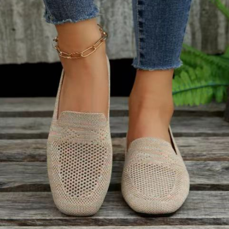 Mocassins en maille à bout carré de couleur unie, chaussures plates peu profondes pour femmes, chaussures de Ballet en tricot à fond souple, chaussures bateau décontractées à enfiler